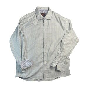 Egara‎ Shirt Mens XL Green Blue Check Slim Fit Stretch Non Iron Button Down